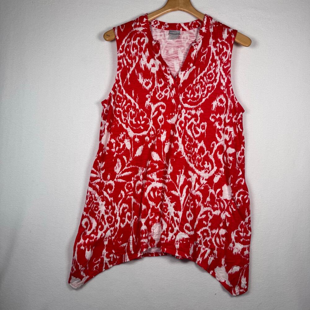 Chico’s Tunic Tank Top Women Red White Slub V-neck Boho Summer Beachy sz Large
